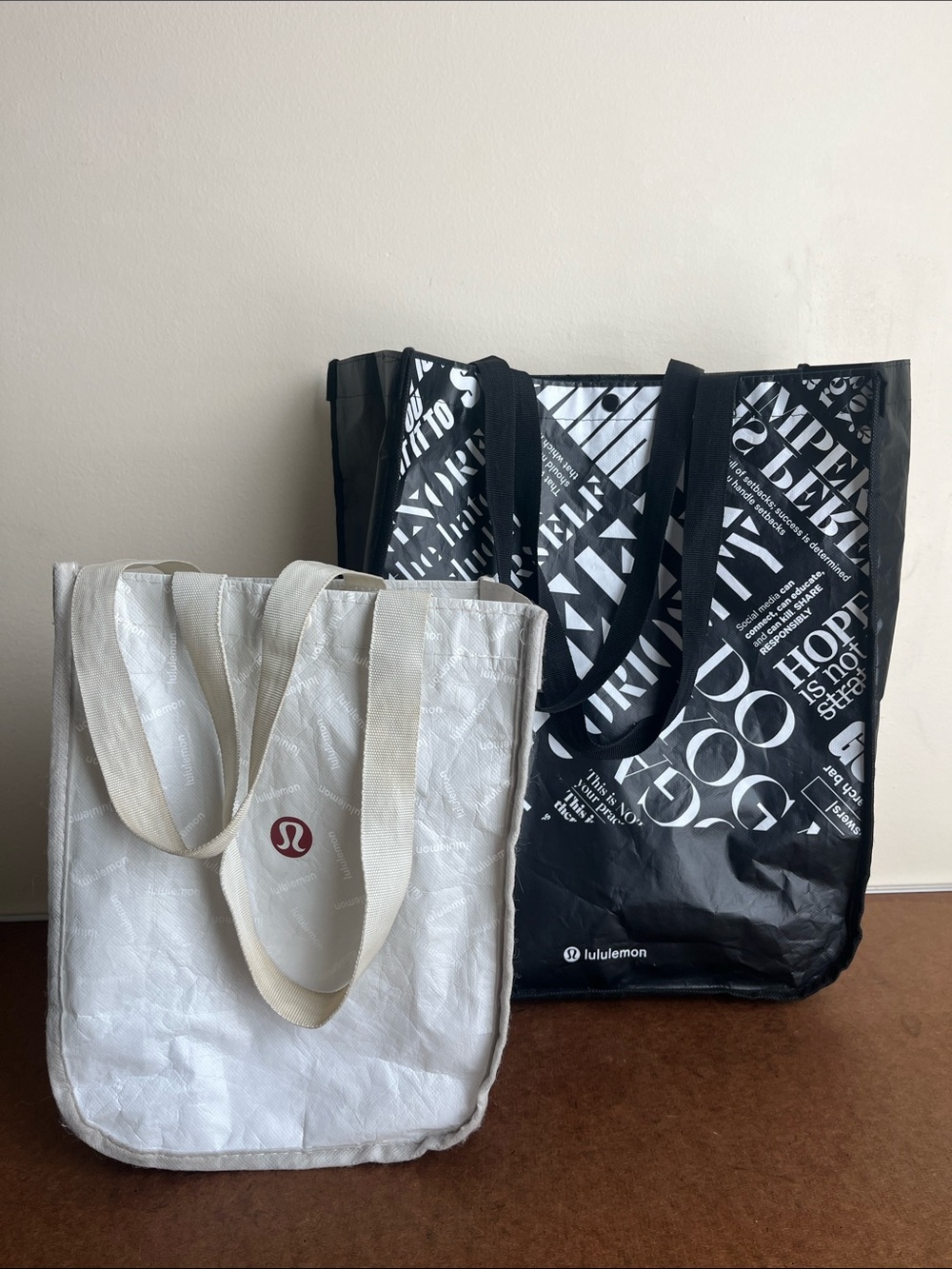 LULULEMON Black & White Clasp Closure Reusable Manifesto Tote 16”L x 14”& 9”x12”